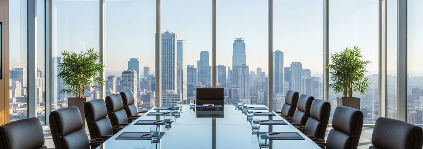 Two business professionals meeting in a corporate office to discuss a $100,000 business loan