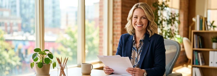 Business owner reviewing loan approval documents at a modern office desk