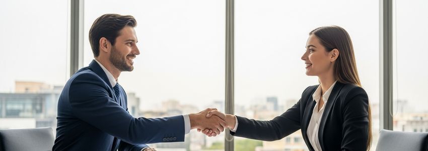 Business professionals shaking hands to finalize a $300,000 business loan agreement