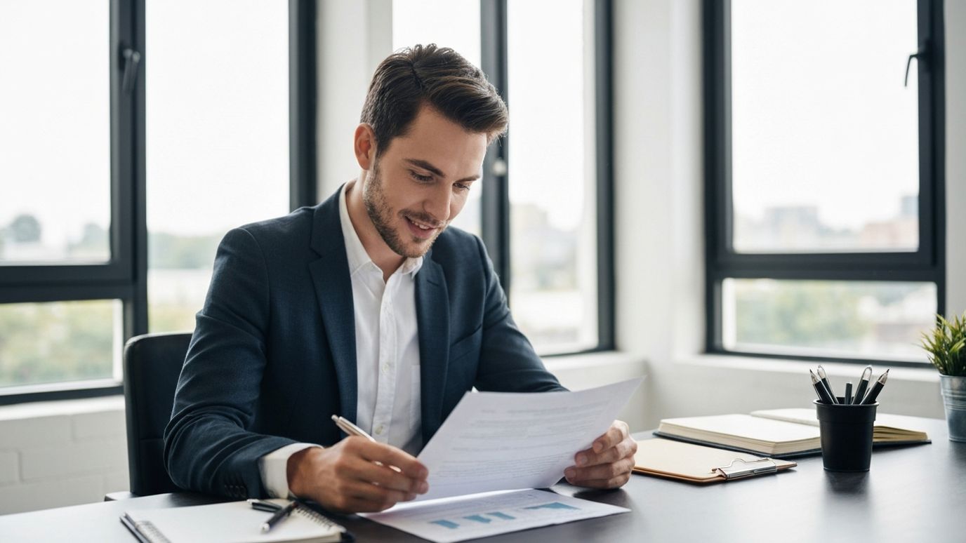 Business owner reviewing loan documents and financial paperwork at a modern office desk