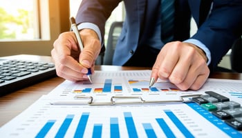 A financial advisor helping a small business owner assess financial health for funding.