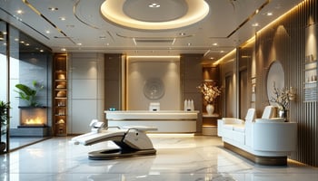 A sleek, modern medical spa interior showcases a harmonious blend of elegance and advanced technology.
