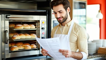 Bakery owner reviewing financing documents to purchase commercial oven