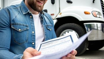 Business owner reviewing commercial truck loan documents at dealership