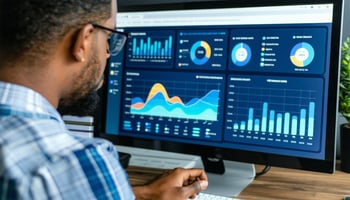 Business owner reviewing growth dashboard after funding round.