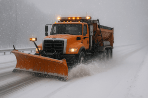 Commercial snowplow truck clearing a highway during winter storm.