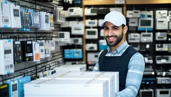  Electronics store owner receiving new inventory using a business loan