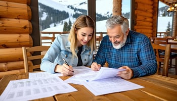Lender and owner reviewing loan docs at ski lodge