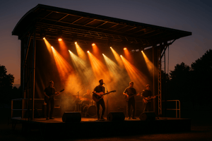 Outdoor concert with a hydraulic mobile stage setup and lighting.