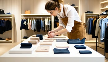Retail staff setting up a newly leased display area in a clothing store