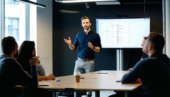 Tech startup founder in New York pitching to investors