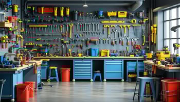 The image depicts a bustling plumbing workshop, filled with various tools and equipment.