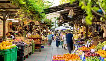 Busy market with seasonal produce. 