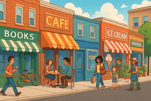 A busy main street lined with small local businesses, including cafés, shops, and boutiques, symbolizing community growth and small business economic recovery.