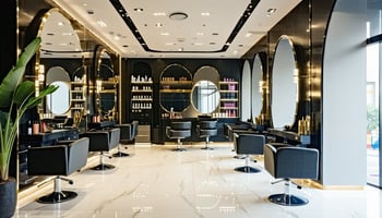 A modern beauty salon interior featuring sleek black chairs, stylish mirrors, well-organized shelves with hair products, and elegant lighting.
