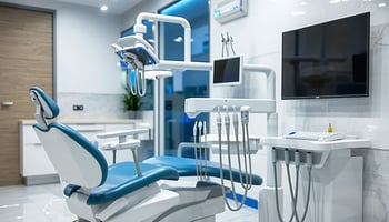 The image depicts a modern dental office, featuring sleek, high-tech dental equipment prominently displayed.