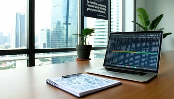 A modern office setup with a wooden desk, featuring a laptop displaying a financial spreadsheet, and a notepad filled with handwritten notes beside it.