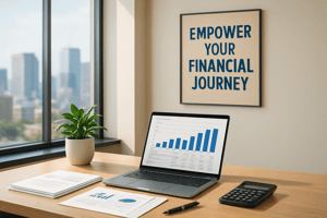 Wooden desk with financial papers, colorful charts, and graphs spread out for analysis"