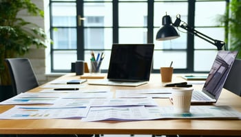 The image depicts a modern office space filled with natural light, featuring a large wooden desk cluttered with financial documents, a laptop, and a cup of coffee. 