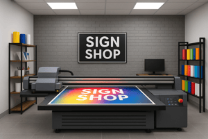 The image depicts a modern sign shop interior, showcasing a sleek UV printer