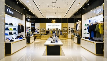A modern retail store showcasing neatly organized shelves filled with shoes and clothing, illuminated by bright lights and featuring a sleek, stylish interior with golden accents.