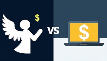 The image depicts a split-screen comparison between angel investors and small business loans