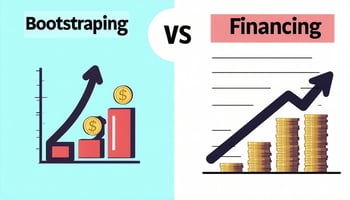 The image depicts a split-screen comparison of two business funding methods: bootstrapping and financing.