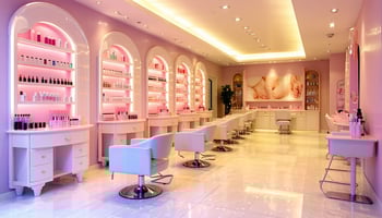 The image features a modern nail salon interior, showcasing elegant pedicure stations with plush chairs in soft pastel colors, illuminated by warm, ambient lighting.
