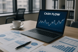 Laptop computer with cash flow displayed and financial statements. 