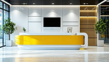 A modern office space with sleek white furniture and a bright yellow reception desk, creating a clean and inviting atmosphere with plants and contemporary design.