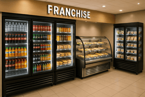 Glass-door display refrigerators leased for a food franchise location.