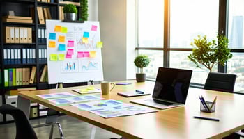 The image features a professional office environment, showcasing a sleek wooden desk adorned with a laptop, notepad, and a cup of coffee. A large window allows natural light to flood the room, illuminating a modern bookshelf filled with business books and decorative plants. In the background, a whiteboard is filled with colorful charts, graphs, and post-it notes outlining strategic financial plans. A well-dressed businesswoman is engaged in a discussion with a colleague, both reviewing financial documents spread across the desk. The ambiance is one of focus and determination, with a city skyline visible through the window, suggesting a bustling business district outside. The overall color palette is neutral, with hints of green from the plants, conveying a sense of growth and professionalism.