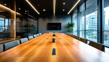 A sleek and modern office conference room featuring a large wooden table, ergonomic chairs, and large windows offering a view of the city.