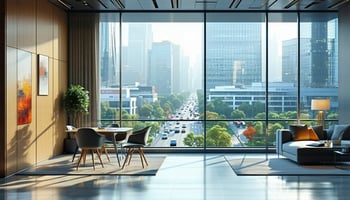 The image features a sleek, modern office environment with a large glass window showcasing a bustling cityscape outside