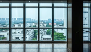 The image features a sleek, modern office space bathed in natural light, with large windows overlooking a bustling cityscape. 