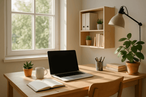 Laptop on a desk in a modern office workspace with natural lighting, representing small business productivity and digital work environment