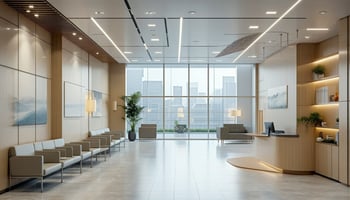 A modern medical office interior with a sleek, minimalist design, featuring comfortable seat, a receptioning desk, large windows offering a city view, and contemporary lighting.