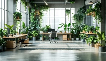 The image showcases a modern office space filled with natural light, featuring green plants strategically placed around the room.