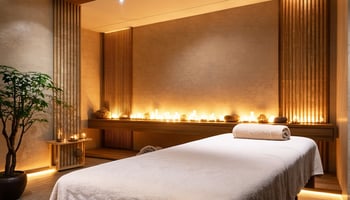 The image showcases a serene massage therapy room, elegantly designed with soft ambient lighting and soothing colors.