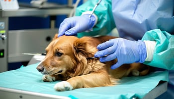 Veterinarian operating on a pet using a financed heated surgical table