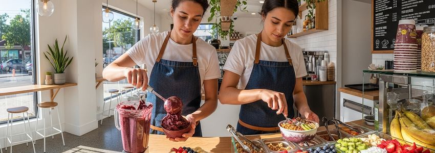 Acai bowl business owner and employee preparing acai bowls at a health food shop counter