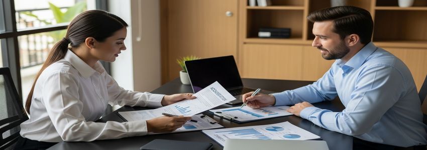 A financial advisor reviewing acquisition financing documents with a business owner