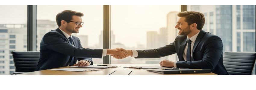 Two business executives shaking hands after closing an acquisition deal