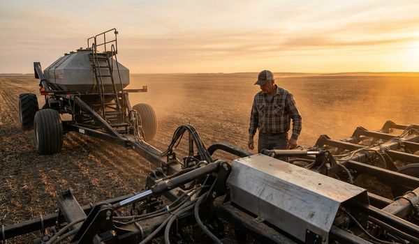 Farmer standing beside a modern air seeder and air cart seeding a wide open field in warm late-afternoon light