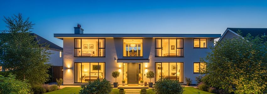 Modern vacation rental property exterior at dusk with warm interior lighting, representing Airbnb business financing opportunities