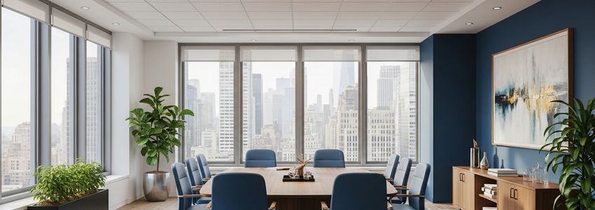 Modern office conference room with city skyline views representing small business loans in Albany New York