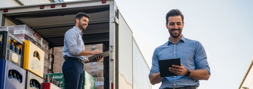 Alcohol distributor reviewing delivery inventory with delivery truck at commercial warehouse dock
