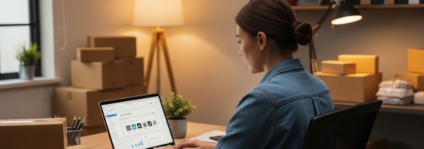 Amazon FBA seller managing e-commerce business with inventory boxes and laptop
