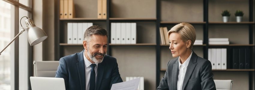 Business professionals reviewing loan amortization schedule at office desk