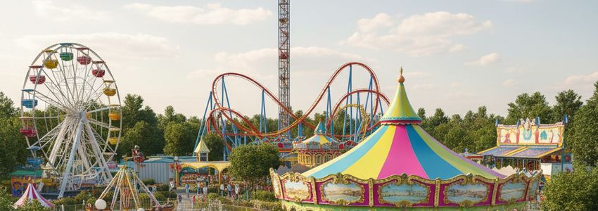 Colorful family amusement park with roller coaster and carousel on a sunny day